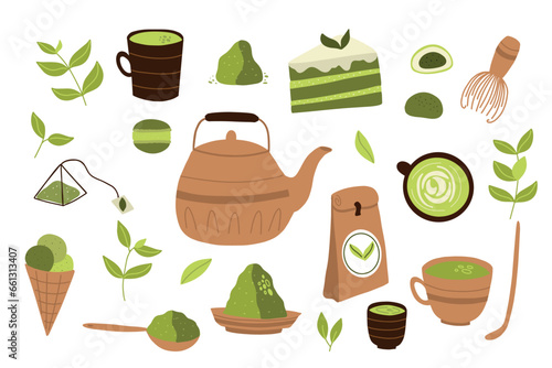 Matcha tea. Vector set of organic tea matcha powder, tea leaves, teapot, macarons, spoon, traditional cup, whisk, tools for Japanese ceremony. Matcha green tea ceremony. Doodle style.