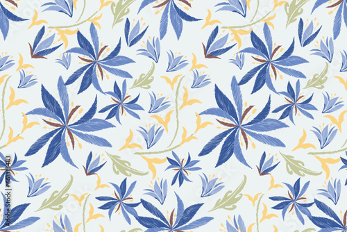 Floral Ikat pattern seamless paisley embroidery border with magnolia flower motifs background border oriental Japanese style. Ikat pattern seamless vector illustration design .