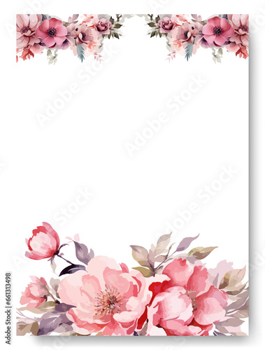 Border wedding invitation card with watercolor blush pink peony floral decoration and abstract background