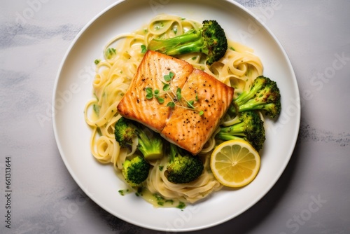 Cooked Salmon with juicy noodles served on a plate, lemon slice, squash slices, zucchini slices, broccoli