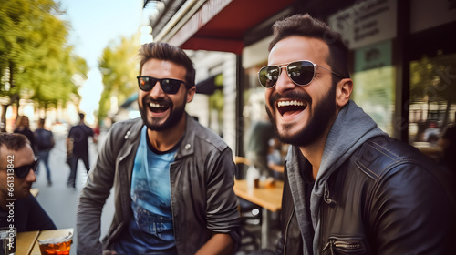 Cheerful male friends having fun talking and laughing together outdoor