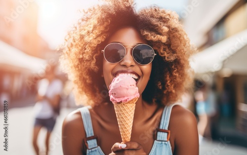 A happy female social media influencer eating a cone ice cream