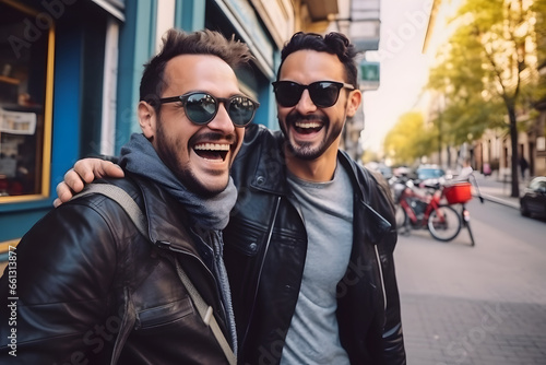 Cheerful male friends having fun talking and laughing together outdoor