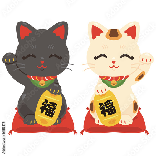 三毛と黒の招き猫　福　笑顔
