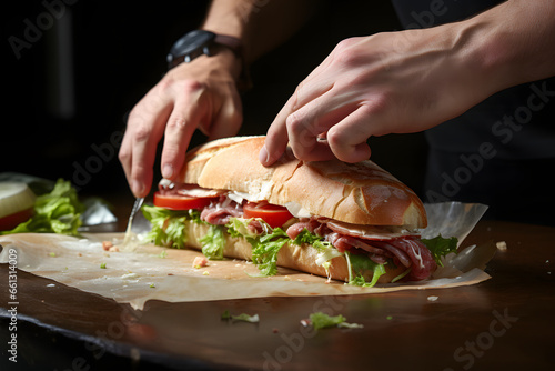 Close up pair of hand making a sandwich in the kitchen. Healthy food concept
