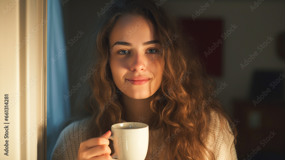 custom made wallpaper toronto digitalPortrait of young woman relax in living room, coffee and peace, content at home with lifestyle and happiness.