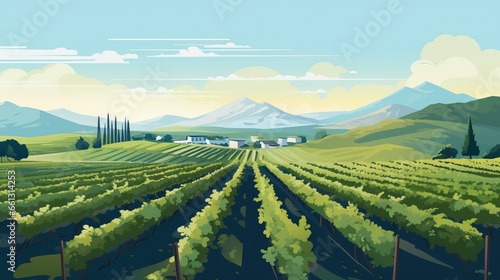 An idyllic vineyard landscape featuring neatly arranged vineyard rows set under a serene sky, creating a tranquil scene of natural beauty © Mohsin