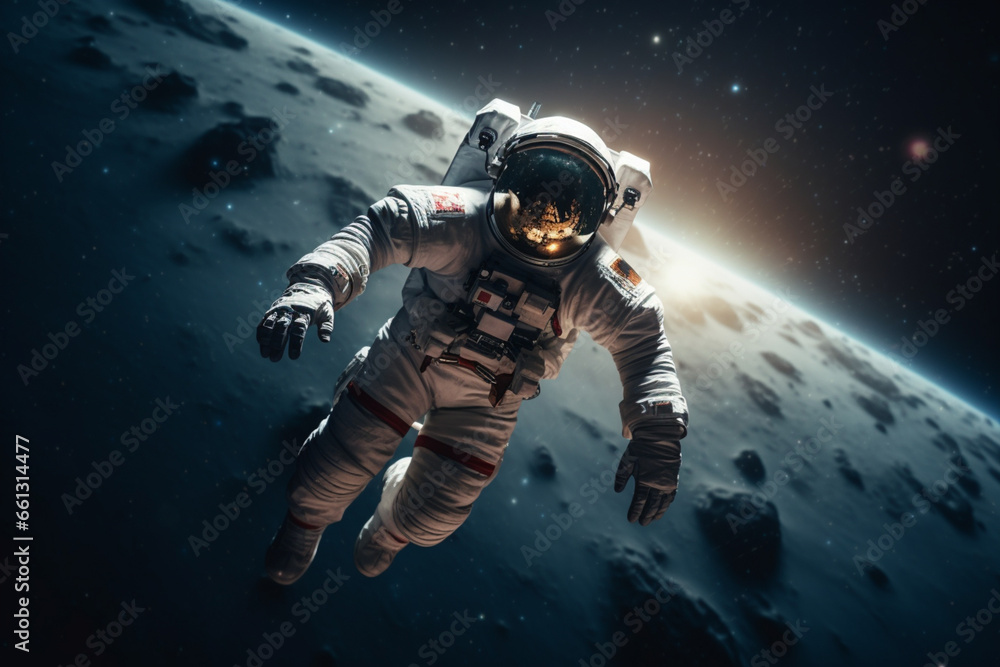 Astronaut Floating In Space Near Earth And Moon