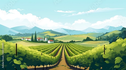 An idyllic vineyard landscape featuring neatly arranged vineyard rows set under a serene sky  creating a tranquil scene of natural beauty