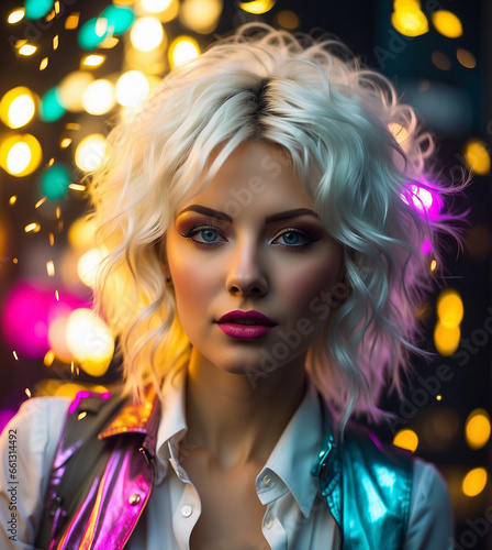 Beautiful girl with colorful lights. Stunning blond girl in a club. Closeup face of young beautiful woman with a healthy clean skin. Pretty woman with bright makeup