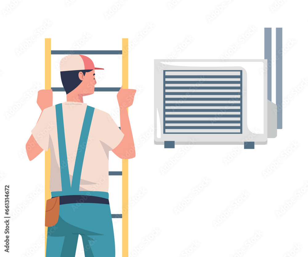 Man Character on Ladder Fix and Repair Ventilation and Air Conditioner Vector Illustration Man Character on Ladder Fix and Repair Ventilation and Air Conditioner Vector Illustration
