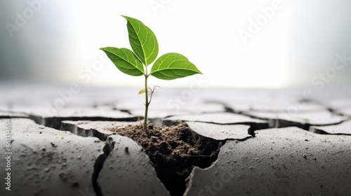 A realistic image of a plant growing out of a crack in the dry ground The plant has three green leaves and a thin stem The ground is cracked and brown, showing the harsh environment The background is