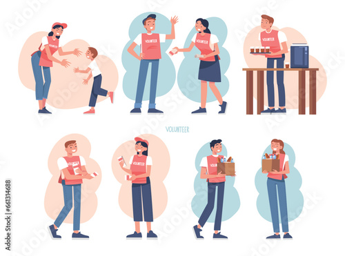 Man and Woman Volunteers Giving Humanitarian Aid and Help to Poor Vector Set