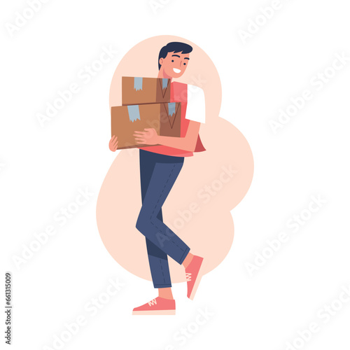 Man Volunteer Character Walking with Cardboard Box Giving Humanitarian Aid and Help to Poor Vector Illustration