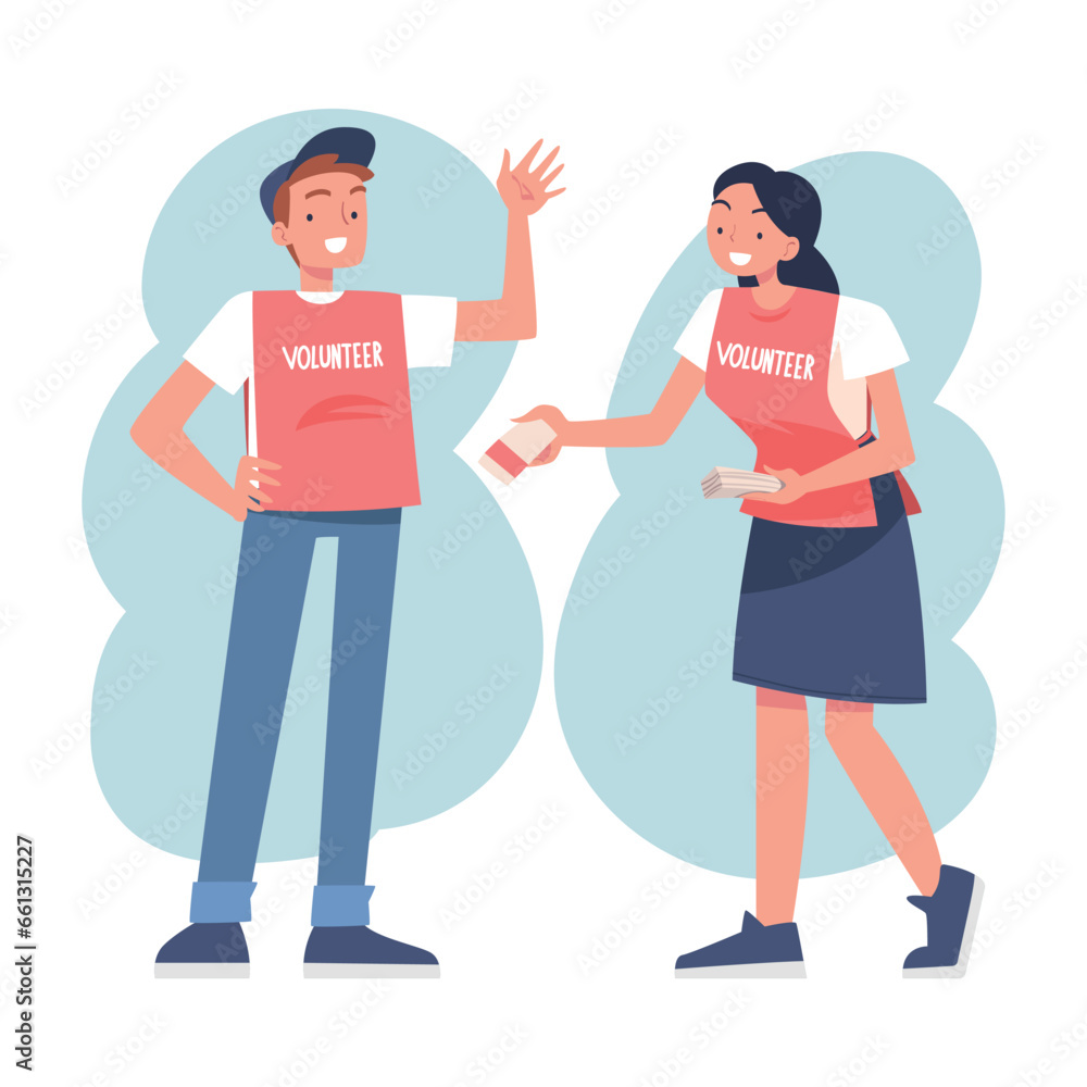 Man and Woman Volunteer Character Giving Flyers Vector Illustration Man and Woman Volunteer Character Giving Flyers Vector Illustration