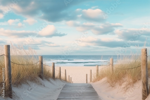 Beach access wooden pathway of a sea in sand dunes with ocean