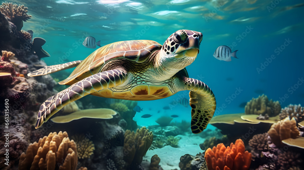 Obraz premium Sea turtle moving over a coral reef, Travel and vacation background