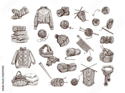 Vintage set of hand drawn knitted icons. Vector illustrations in sketch style. Handmade, sewing equipment concept in vintage doodle style. Engraving style.