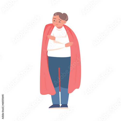 Senior Woman Standing Wrapped in Warm Red Blanket Vector Illustration