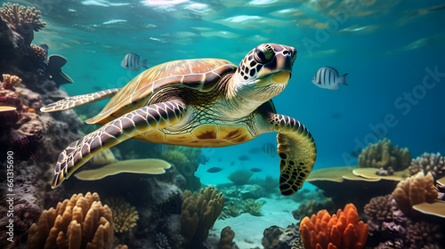 Sea turtle moving over a coral reef, Travel and vacation background