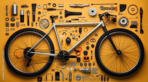 Top view of bicycle and its parts. Bike and parts of it, layout photo