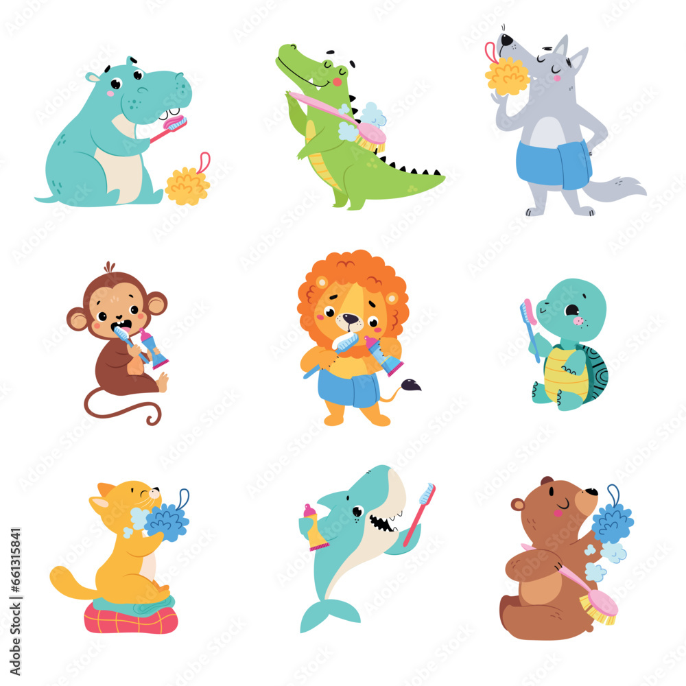 Naklejka premium Cute Animals Washing Engaged in Personal Hygiene Vector Set