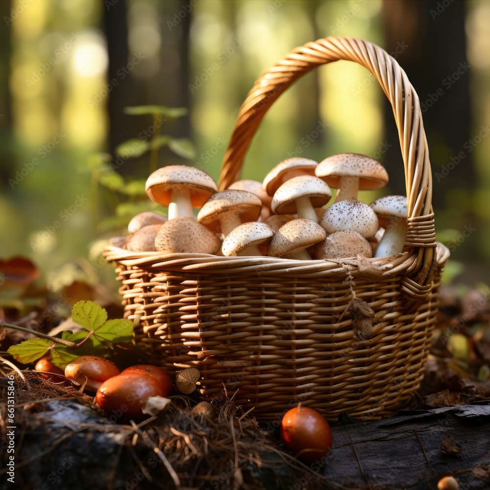A wicker basket with mushrooms stands in the autumn forest.