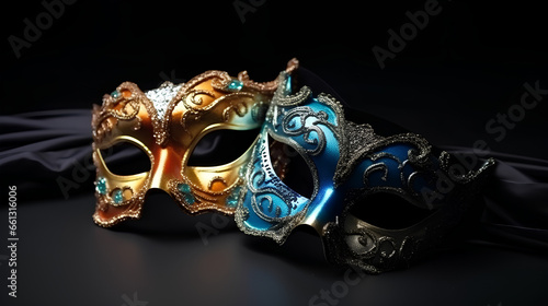 Festive Venetian carnival masks with gold decorations on a black background.