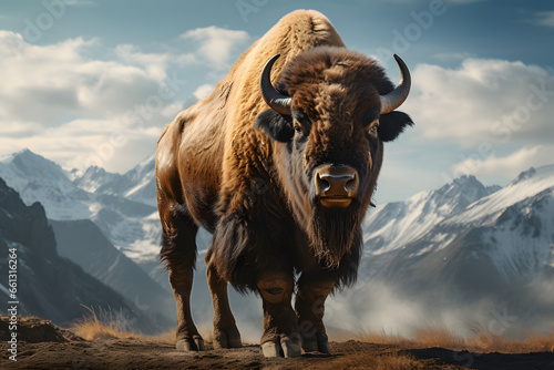 Close up of a Bison Buffalo in wild over mountain background. Celebrate Bison Day