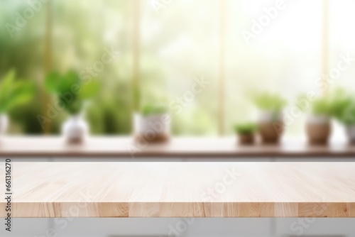 Empty wood table with blur background