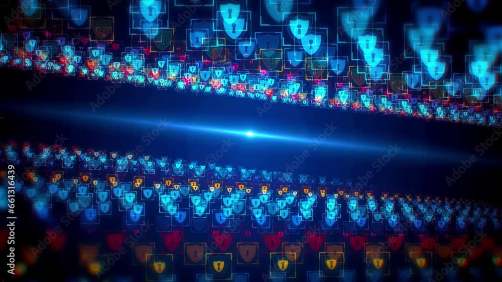 Futuristic Digital Security Slanted Perspective Blue Colorful Shiny Blurry Focus Wavy Shield Lock Symbol Particles Lined Up With Light Flare Background, Seamless Loop Futuristic Digital Security Slanted Perspective Blue Colorful Shiny Blurry Focus Wavy Shield Lock Symbol Particles Lined Up With Light Flare Background, Seamless Loop
