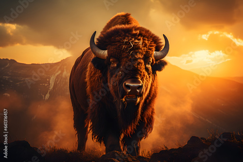 Close up of a Bison Buffalo in wild over mountain background. Celebrate Bison Day