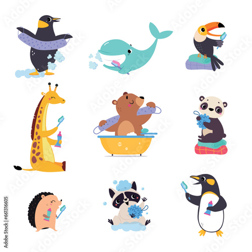Cute Animals Washing Engaged in Personal Hygiene Vector Set