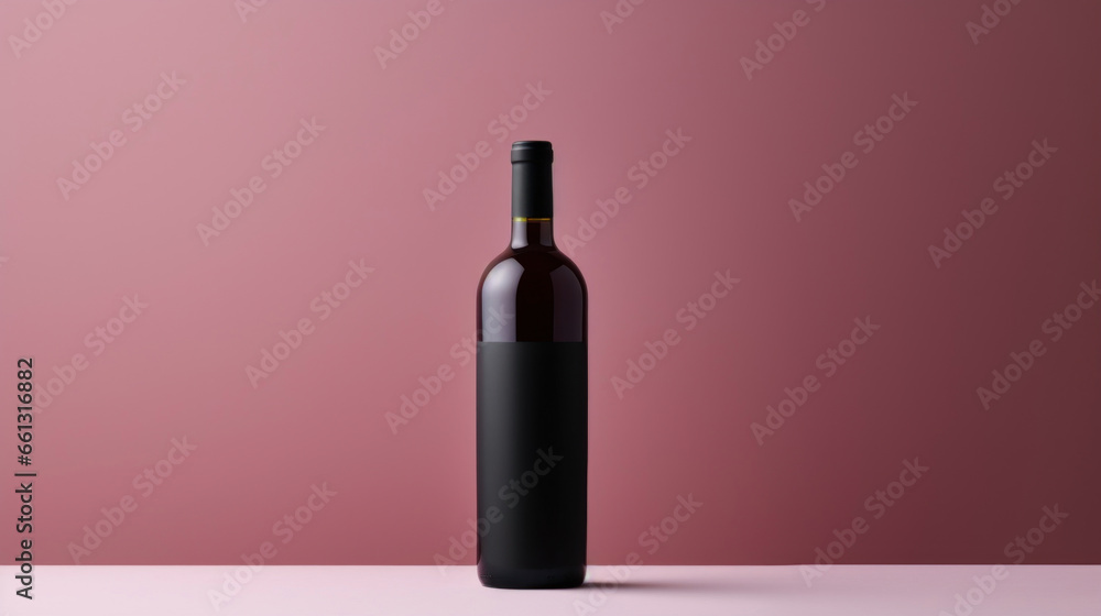 Red wine bottle on a simple pink empty background Red wine bottle on a simple pink empty background