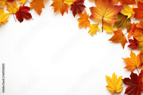 White background, Frame with many autumn leaves. Image to announce that there is an event, copy space.