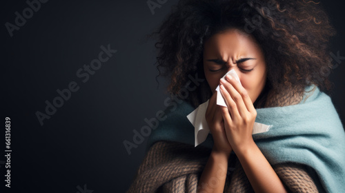 A dark-skinned young woman suffering from allergies or the flu blows her nose or sneezes into a handkerchief.