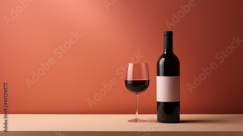 Red wine bottle with a glass on a simple orange empty background