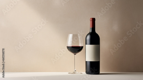 Red wine bottle with a glass on a simple beige empty background