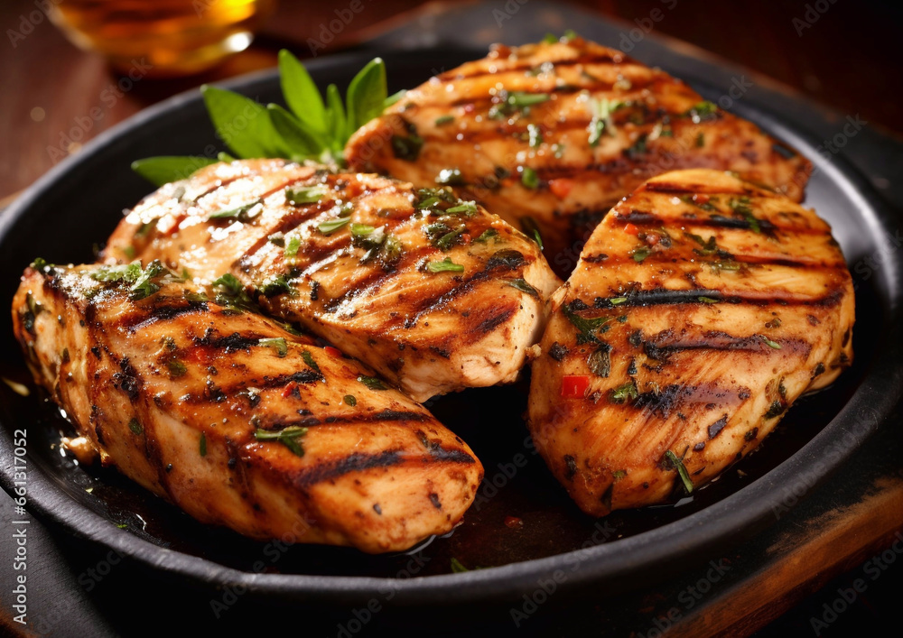 Pan with grilled chicken breast fillet with spices and herbs.Macro.AI Generative Pan with grilled chicken breast fillet with spices and herbs.Macro.AI Generative