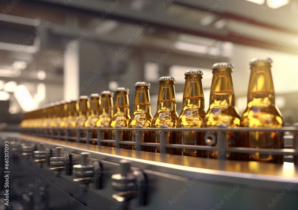 Beer factory conveyor with brown glass bottles on modern production line.Macro.AI Generative Beer factory conveyor with brown glass bottles on modern production line.Macro.AI Generative