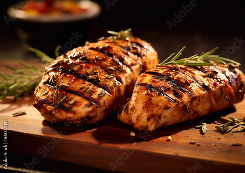 Chicken breast grilled fillet with herbs and spices on wooden board.Macro.AI Generative