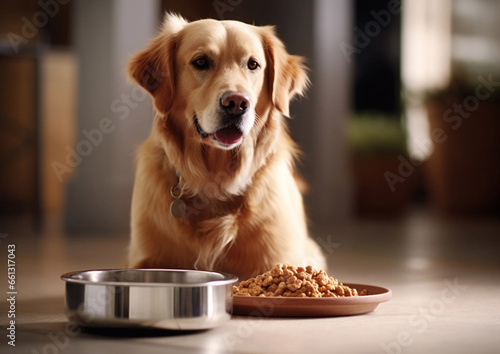 Cute dog sitting next to steel bowl with food.Macro.AI Generative