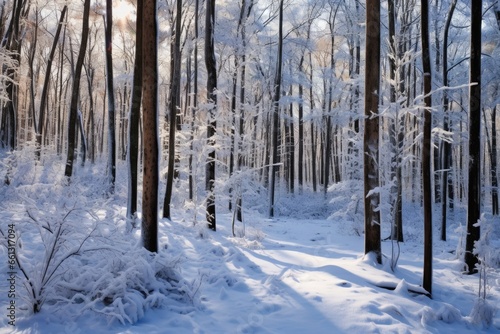 Snowy winter forest path winding through trees, covered in fresh powder, peaceful winter wonderland