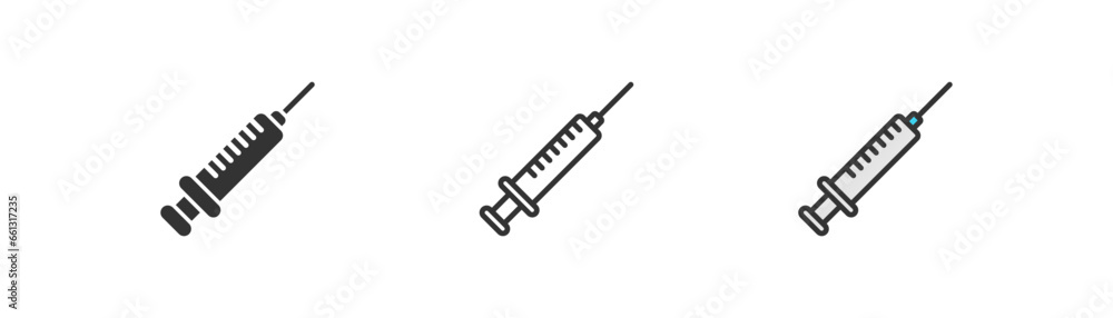 Syringe icon on white background. Vaccine injection symbol. Medical needle, immunization. Outline flat and colored style vector illustration, EPS 10. Syringe icon on white background. Vaccine injection symbol. Medical needle, immunization. Outline flat and colored style vector illustration, EPS 10.