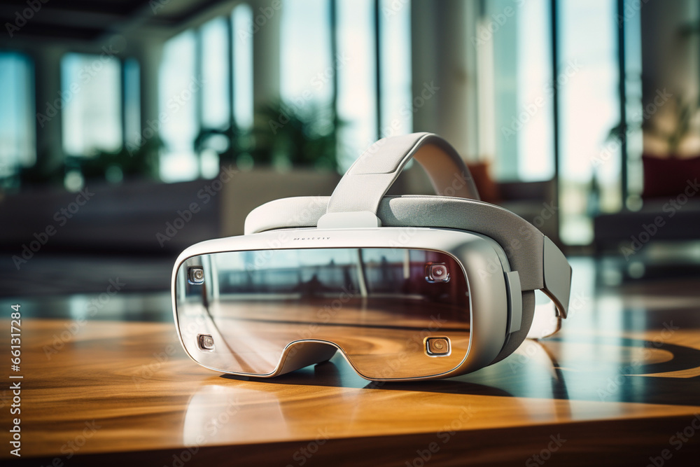 Fototapeta premium VR headset on a clean, contemporary coffee table in a well-lit, uncluttered living room, illustrating its place in leisure and entertainment. Photo
