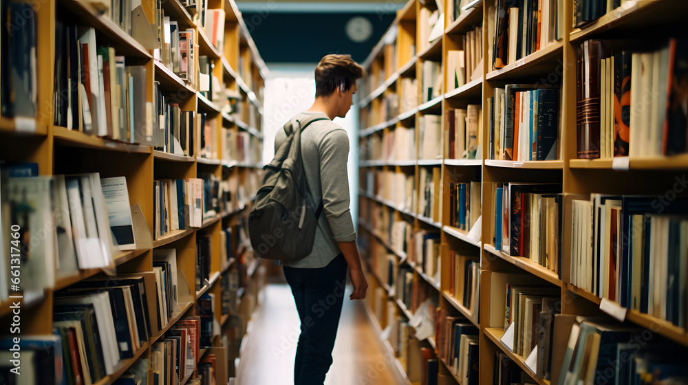 Young college student walking through library rows in search of literature for lecture Young college student walking through library rows in search of literature for lecture