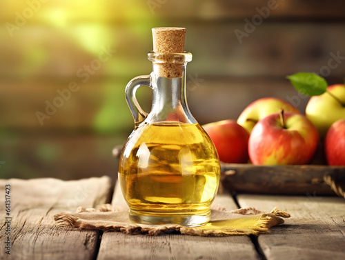 Glass bottle of organic apple vinegar on wooden table with ripe apples