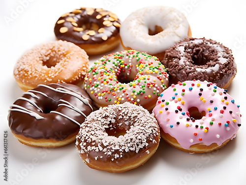  donuts with chocolate frosted, white glazed and sprinkled donuts on white background