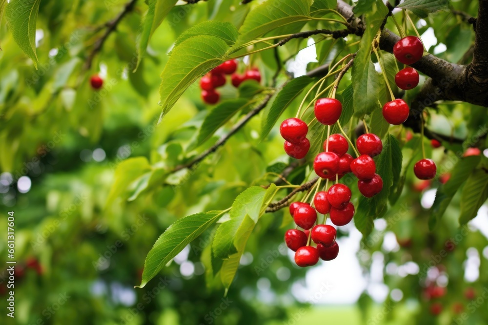a cherry tree with contrasting red fruit against its lush green leaves