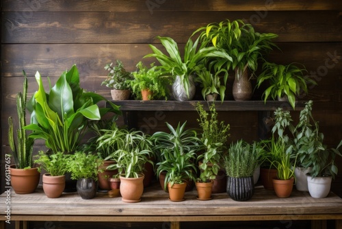 indoor potted plants on raw wood table